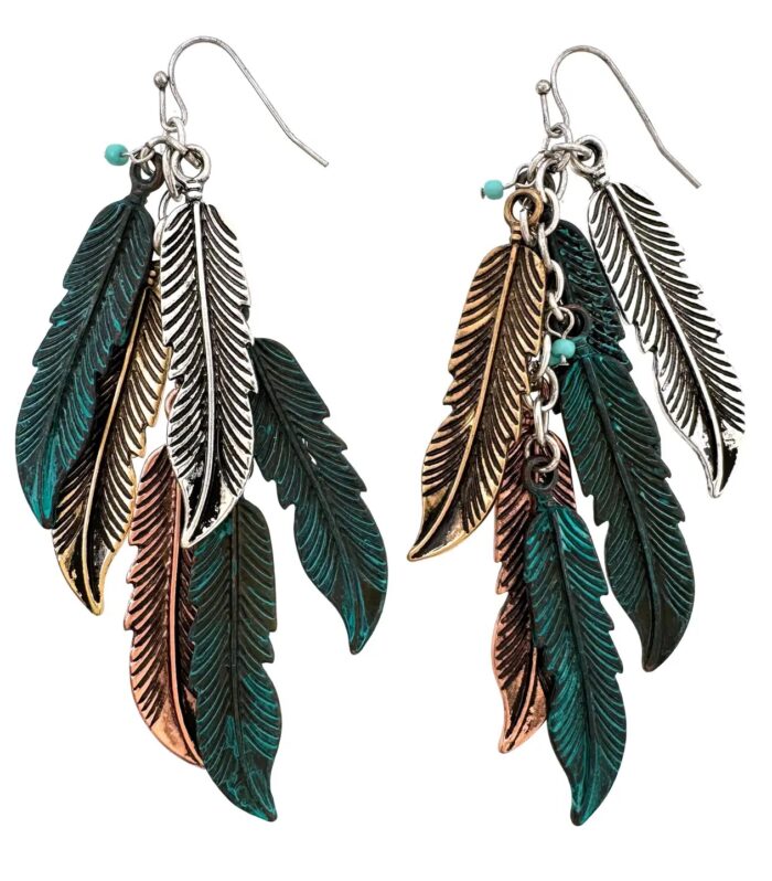 Feather Cluster Bohemian Tricolor Patina Metal Earrings