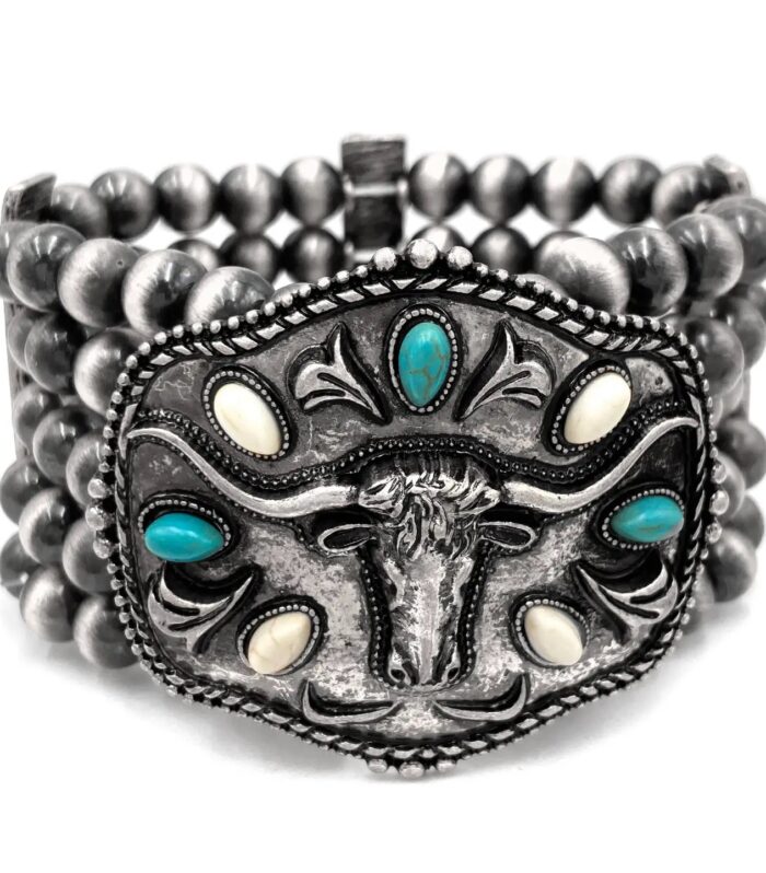 Metal Longhorn Trophy Buckle Chunky Beaded Bracelet in Silver